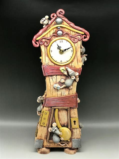 Mouse Grandfather Clock, Ceramic Pottery Mantel Clock - Red Accents