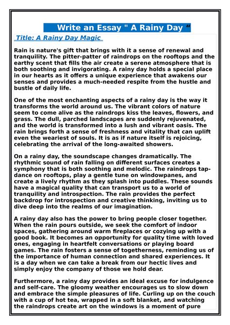 A Rainy Day , Rainy Day Magic - Write an Essay " A Rainy Day “ Title: A ...