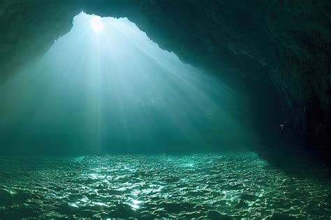 Premium Photo | Large dark underwater cave in ocean in sunlight