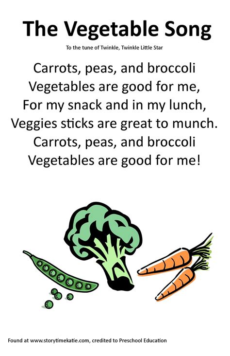 the vegetable song is written in black and white with an illustration of carrots, peas, and broccoli