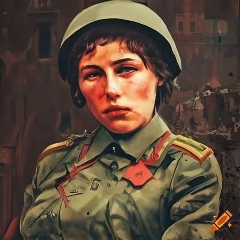 Poster of a soviet female soldier in battle aftermath on Craiyon