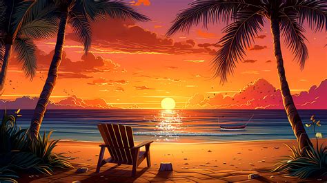 Anime background video of beautiful view sunset beach with bonfire, palm tree, sailboat, cartoon ...