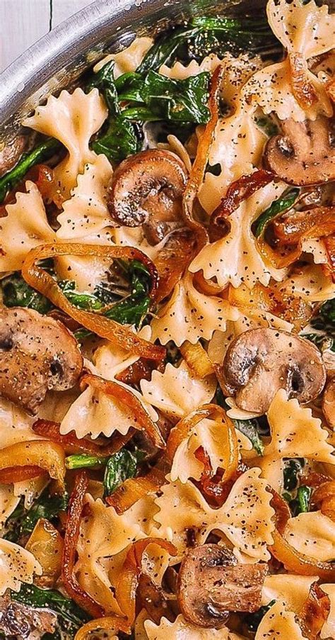 Creamy Bow Tie Pasta with Spinach, Mushrooms, and Caramelized Onions | Spinach stuffed mushrooms ...