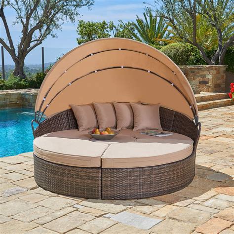SUNCROWN Outdoor Rattan Round Retractable Canopy Daybed Patio Sofa Furniture Brown Clamshell ...