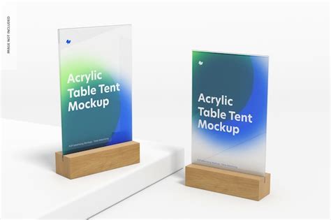 Free PSD | Acrylic table tents with wood base mockup, low angle view