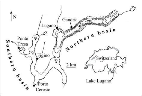 | Map of Lake Lugano. The black triangle indicates the sampling station ...