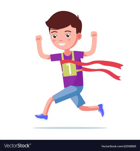 Cartoon boy running and winning a marathon Vector Image