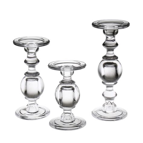 Signals Glass Pillar Candle Holders - Set of 3 Clear Solid Glass Baluster Candleholders for 3 ...