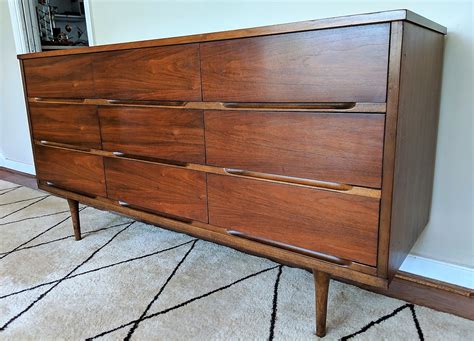 Mid Century Modern Black Walnut Nine Drawer Dresser, Tapered Legs - EPOCH