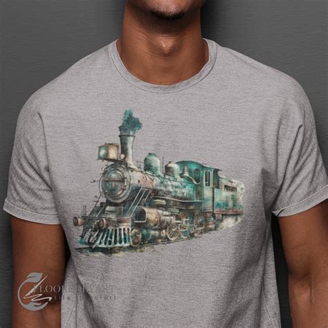 Vintage Train T-shirt, Men's Locomotive Steam Engine Tee, Watercolor ...