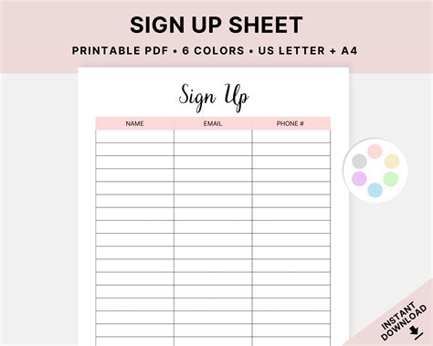 Printable Sign up Sheet Sign up Form Event Sign in Template - Etsy