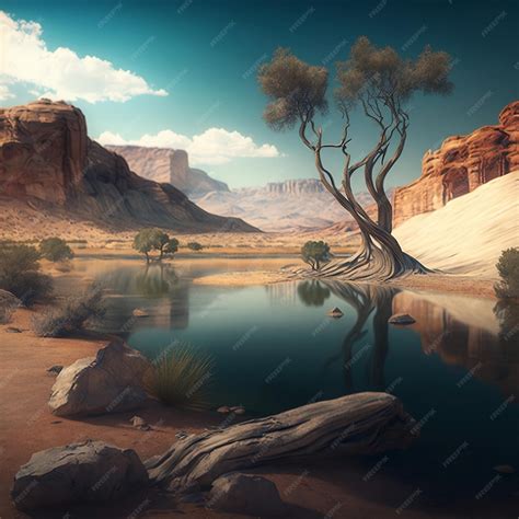 Premium AI Image | Realistic desert oasis scenery wallpaper design ...