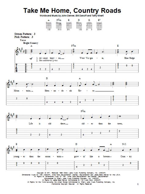 John Denver Take Me Home, Country Roads sheet music notes and chords for Easy Guitar Tab ...