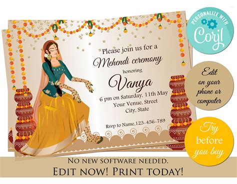 Mehndi Invitation Editable Template Instant (Instant Download) - Etsy | Invitations, Indian ...