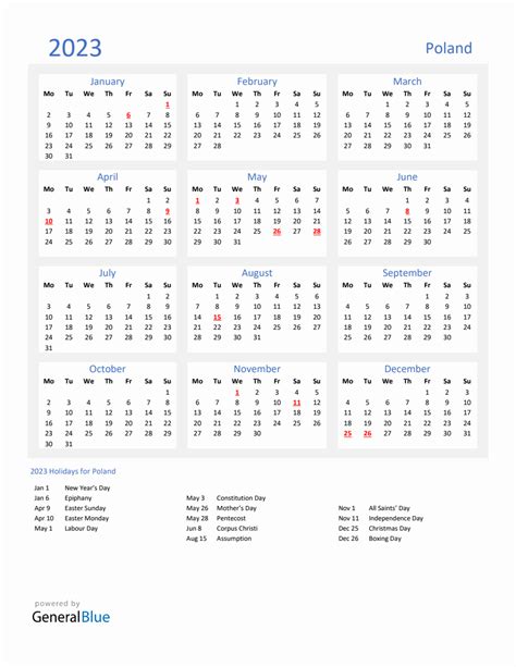 Basic Yearly Calendar with Holidays in Poland for 2023