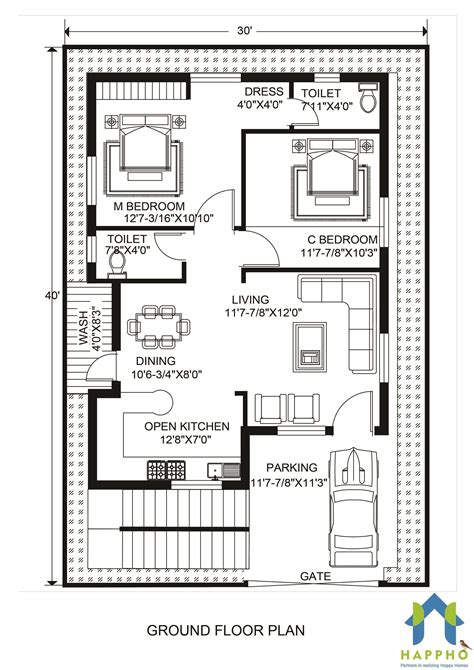 1200 sq ft 2-BHK 031 - Happho | 30x40 house plans, 2bhk house plan ...