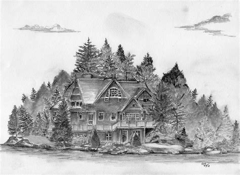 Cottage on a lake, pencil sketch on normal sketchpad paper | Pencil drawings of nature ...