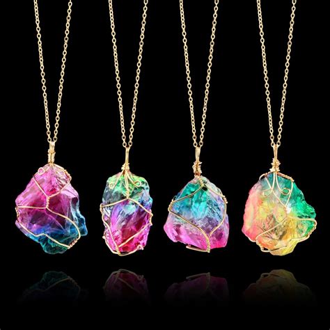 1Pc New Rainbow Stone Natural Crystal Chakra Rock Necklace Golden Plated Quartz Pendant Nice ...