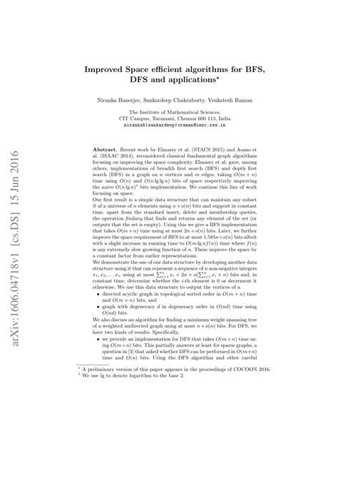 (PDF) Improved Space Efficient Algorithms for BFS, DFS and Applications