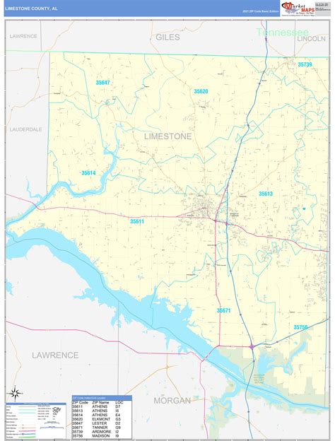 Limestone County, AL Zip Code Wall Map Basic Style by MarketMAPS - MapSales