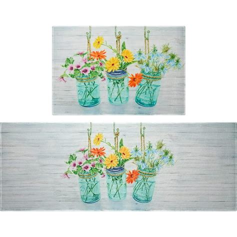 Farmhouse Kitchen Rugs Set 2 Piece, Spring Flowers & Country Leaves ...