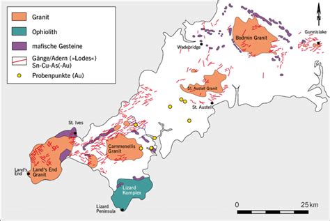 Simplified geological map of Cornwall showing a variety of mineralised ...