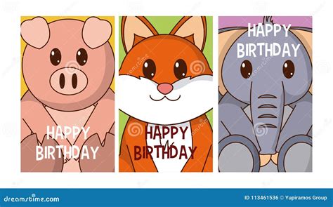 Set of Birthday Cards with Animals Stock Vector - Illustration of ...