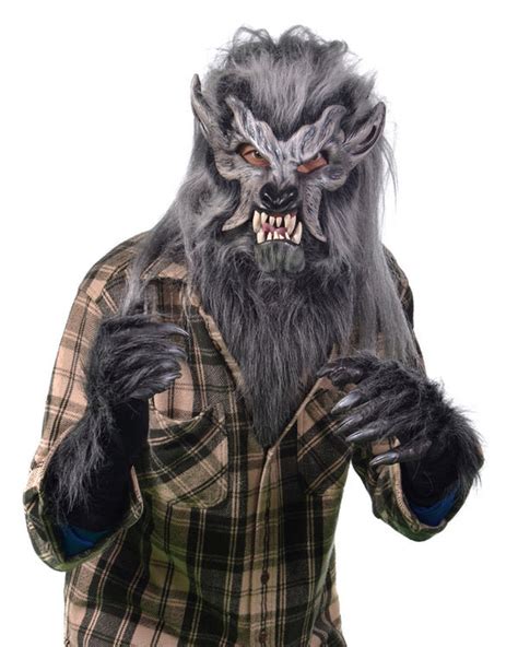 Werewolf Costume Kit Gray Night Crawler Mask Movable Mouth Fur Collar ...