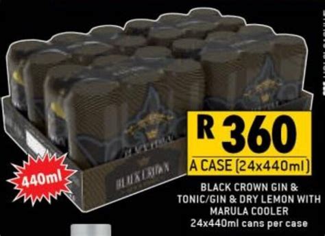 Black Crown GIn & Tonic/Gin & Dry Lemon with Marula Cooler 24 x 440ml ...