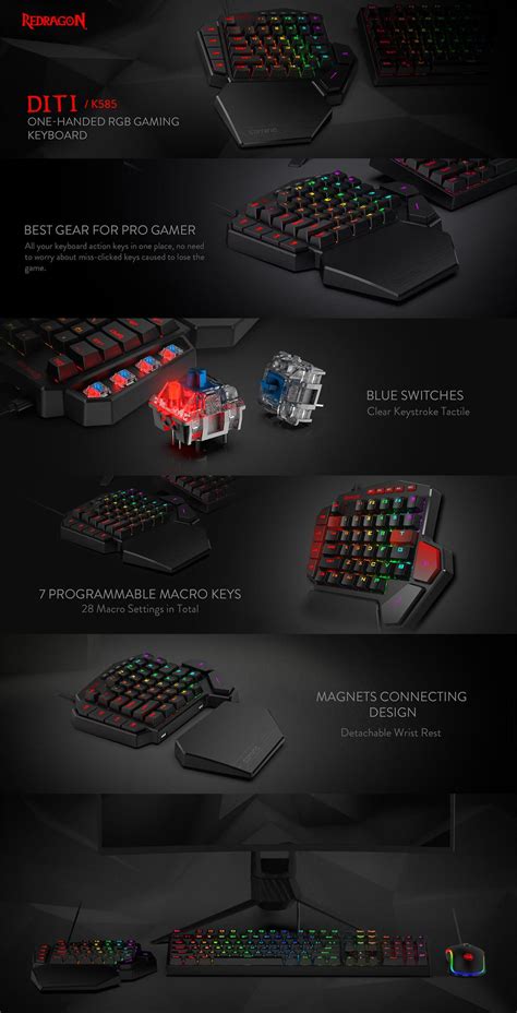 Redragon K585 DITI One-Handed Mechanical Gaming Keyboard with Blue Switches | RGB LED Backlit ...