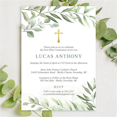 First Communion Invitation for Boys Communion Invitations Boys Eucalyptus First Communion ...