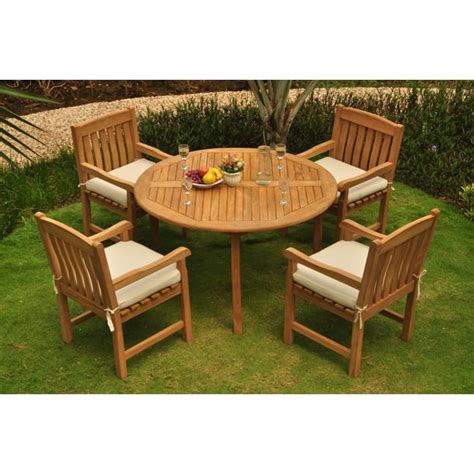 Teak Dining Set: 4 Seater 5 Pc: 52" Round Table And 4 Devon Captain/Arm ...