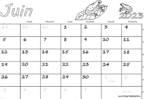 Calendrier mensuel à imprimer juin 2023 | Gratuit PDF imprimable