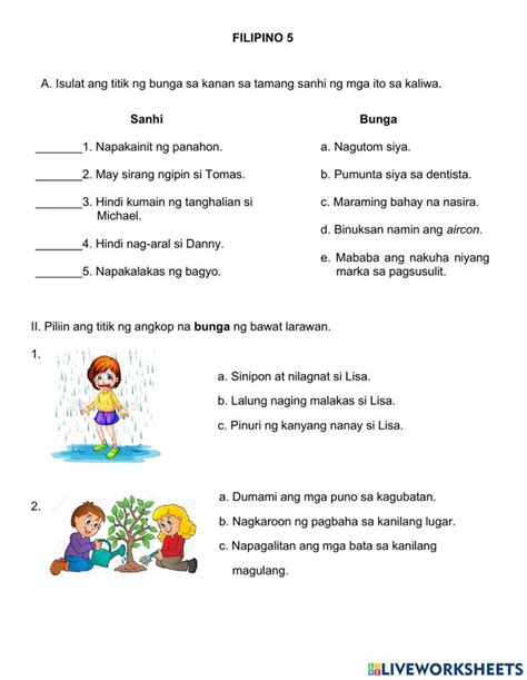 Sanhi at Bunga G5 QUIZ worksheet | Montessori lessons, 1st grade ...