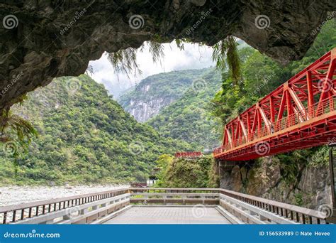 Red Bridge Above River Platform in Taiwan`s Taroko National Park Stock Image - Image of river ...