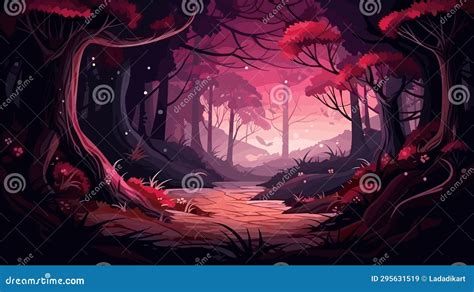 Magic Evening or Night Forest Cartoon Landscape. Mysterious Trees and Road, Fairy Tale Book ...
