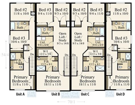 Modern Farmhouse Fourplex House Plan with Two 1100 Sq Ft Units and Two ...