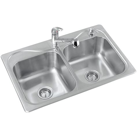 STERLING Southaven Drop-In Stainless Steel 33 in. 2-Hole Double Bowl Kitchen Sink with Pull-Out ...