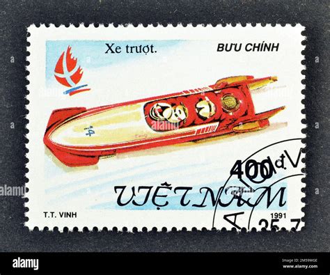 Cancelled postage stamp printed by Vietnam, that shows Bob Sleighing, Winter Olympic Games 1992 ...