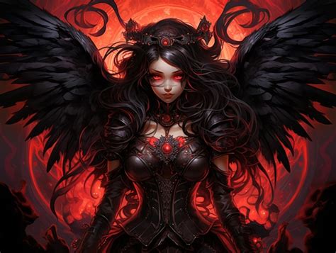 Premium AI Image | Gothic angel with red eyes and black wings in front of a red background ...