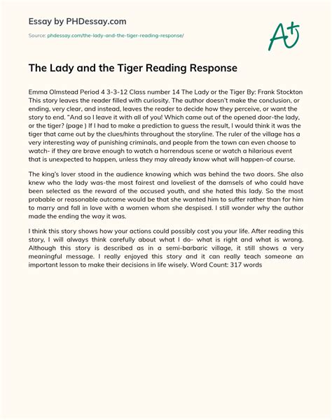 The Lady And The Tiger Reading Response Summary And Analysis Essay (300 Words) - PHDessay.com