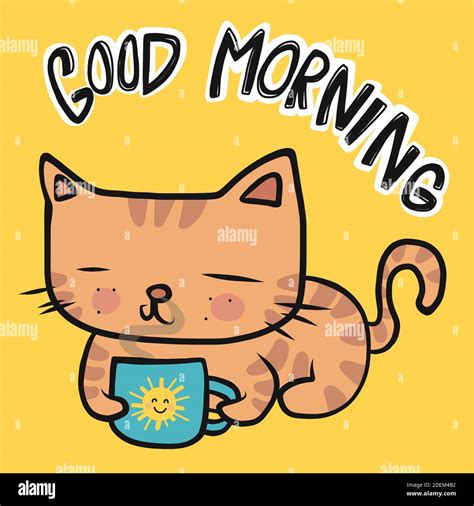 Orange tabby cat with good morning coffee cup cartoon vector illustration Stock Vector Image ...