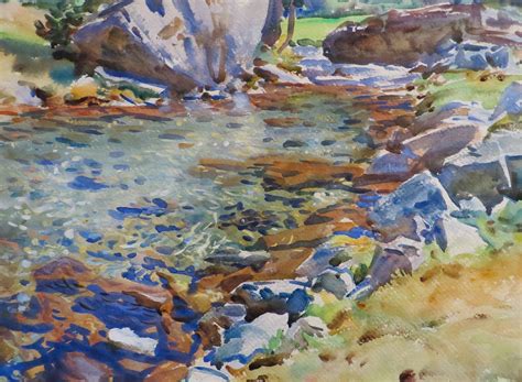 a watercolor painting of rocks and trees