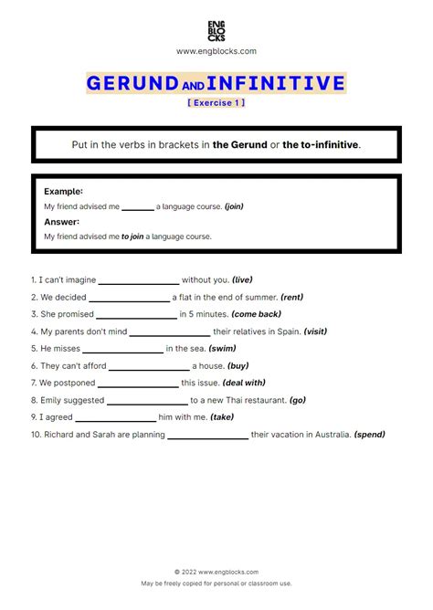 Gerund and Infinitive — Exercise 1 | ESL Worksheets