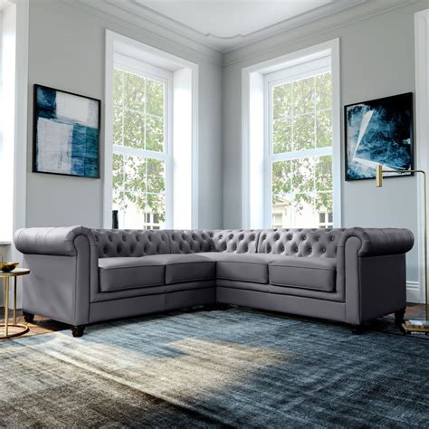 Hampton Grey Leather Chesterfield Corner Sofa | Furniture Choice