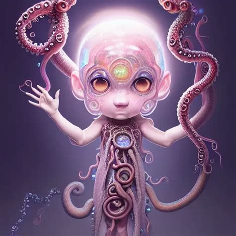 KREA - A full shot of a cute magical monster Cryptid wearing a dress made of opals and tentacles ...