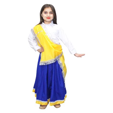 Buy Kaku Fancy Dresses Indian State Haryanvi Dance Lehenga Costume for Girl -Yellow & Blue, 3-4 ...