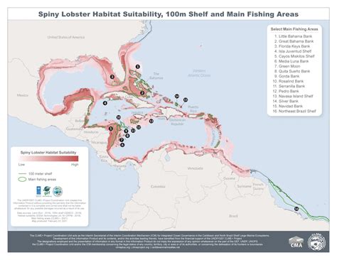 Spiny Lobster Habitat Suitability, 100m Shelf and Main Fishing Areas ...