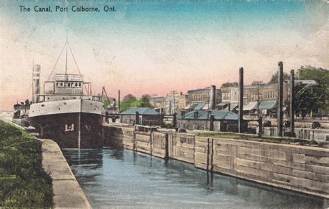 an old postcard shows a boat docked at the canal in port colborne, oh