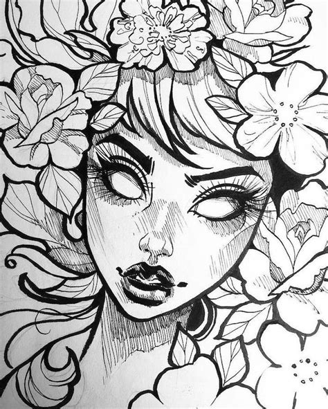 black-and-white-drawing-of-woman-easy flowers-to-draw-flower-crown ...